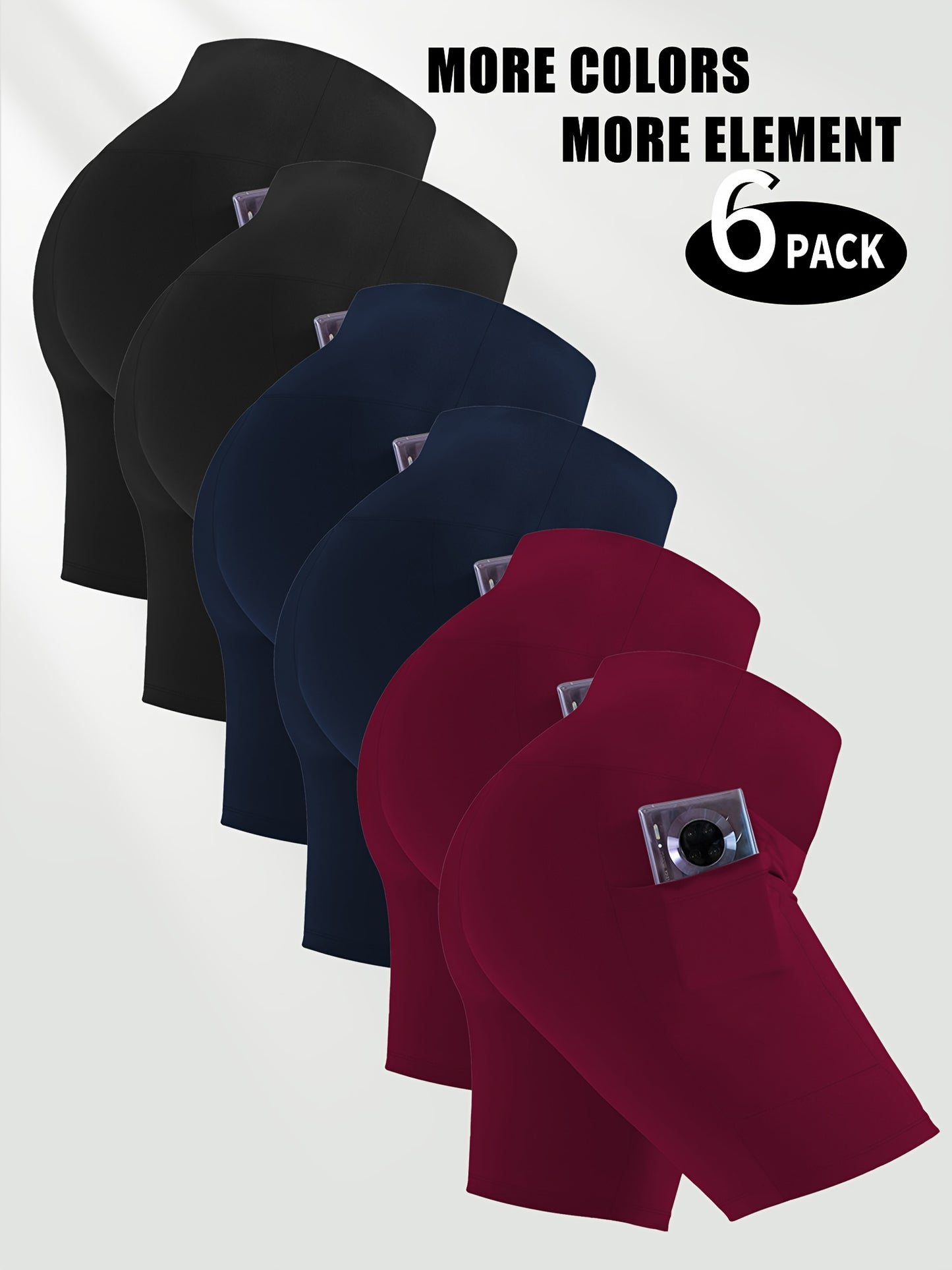 Six-pack of women's workout shorts with pockets in black, navy, and red on a white background.