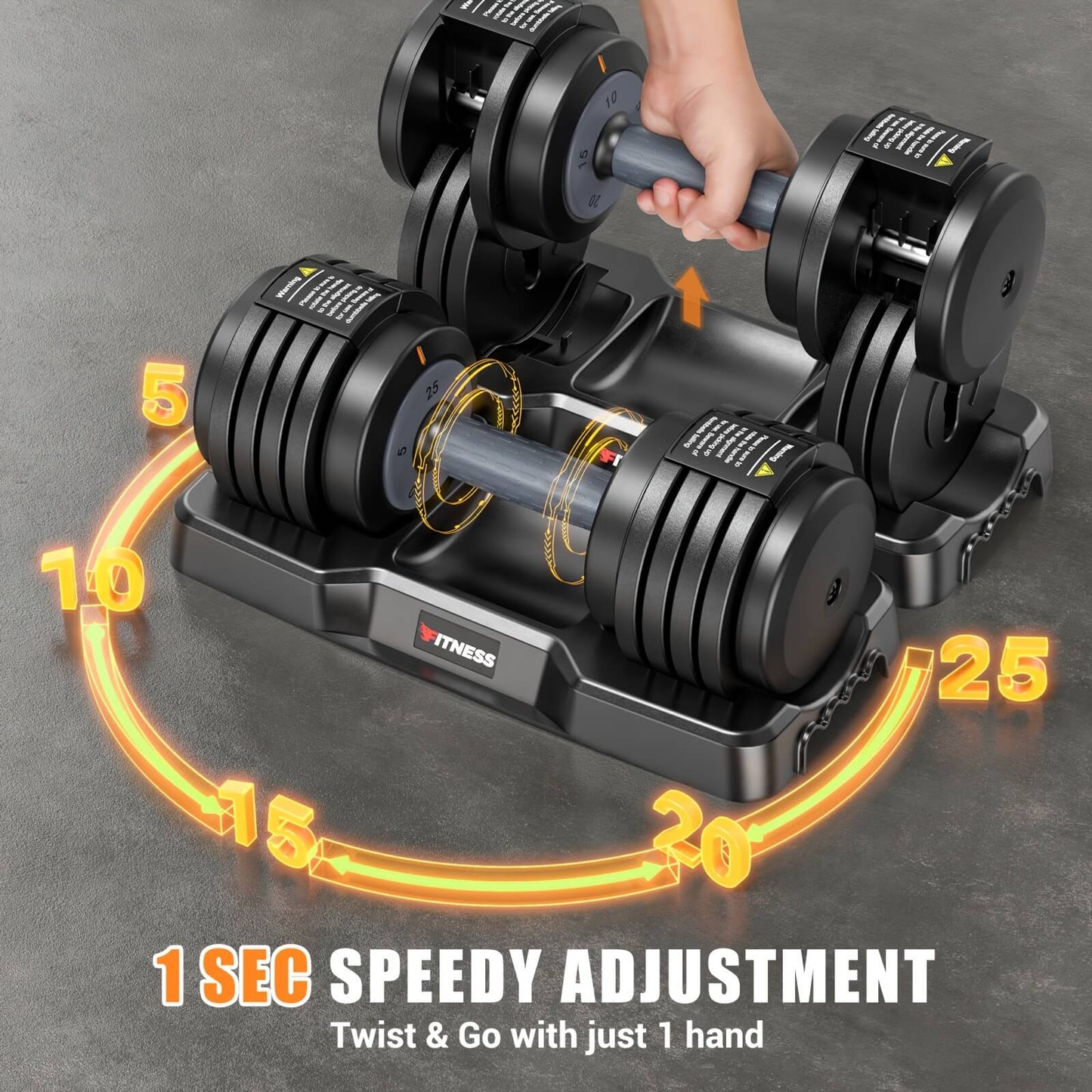Heavy adjustable dumbbell set with a hand adjusting one of them on a dark background.
