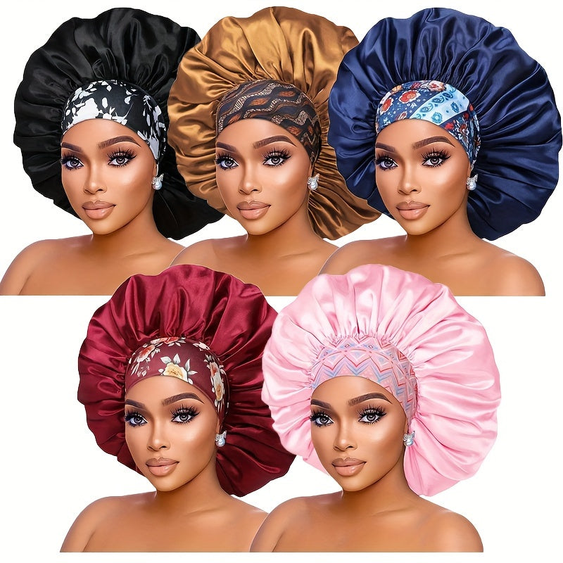 Five women wearing satin bonnets in various colors on a white background