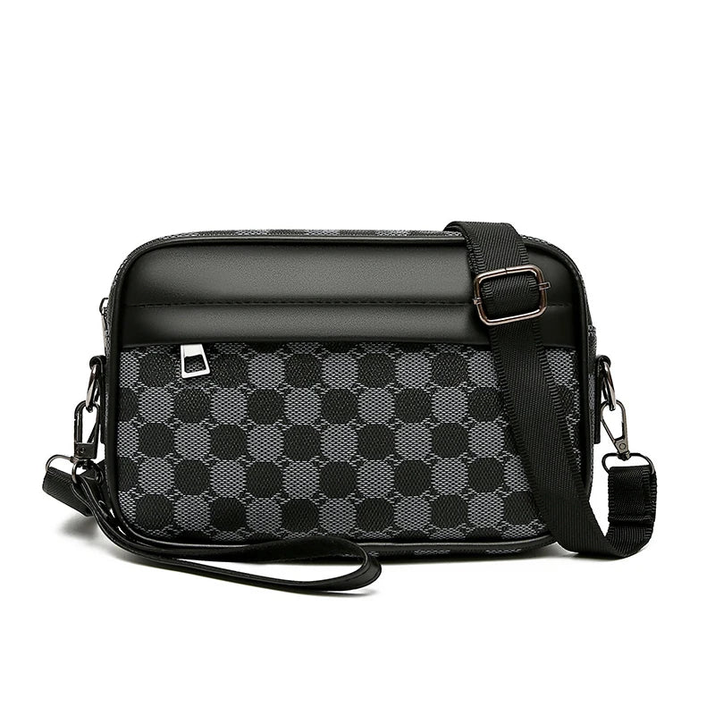 Black and gray patterned leather toiletry bag on a white background
