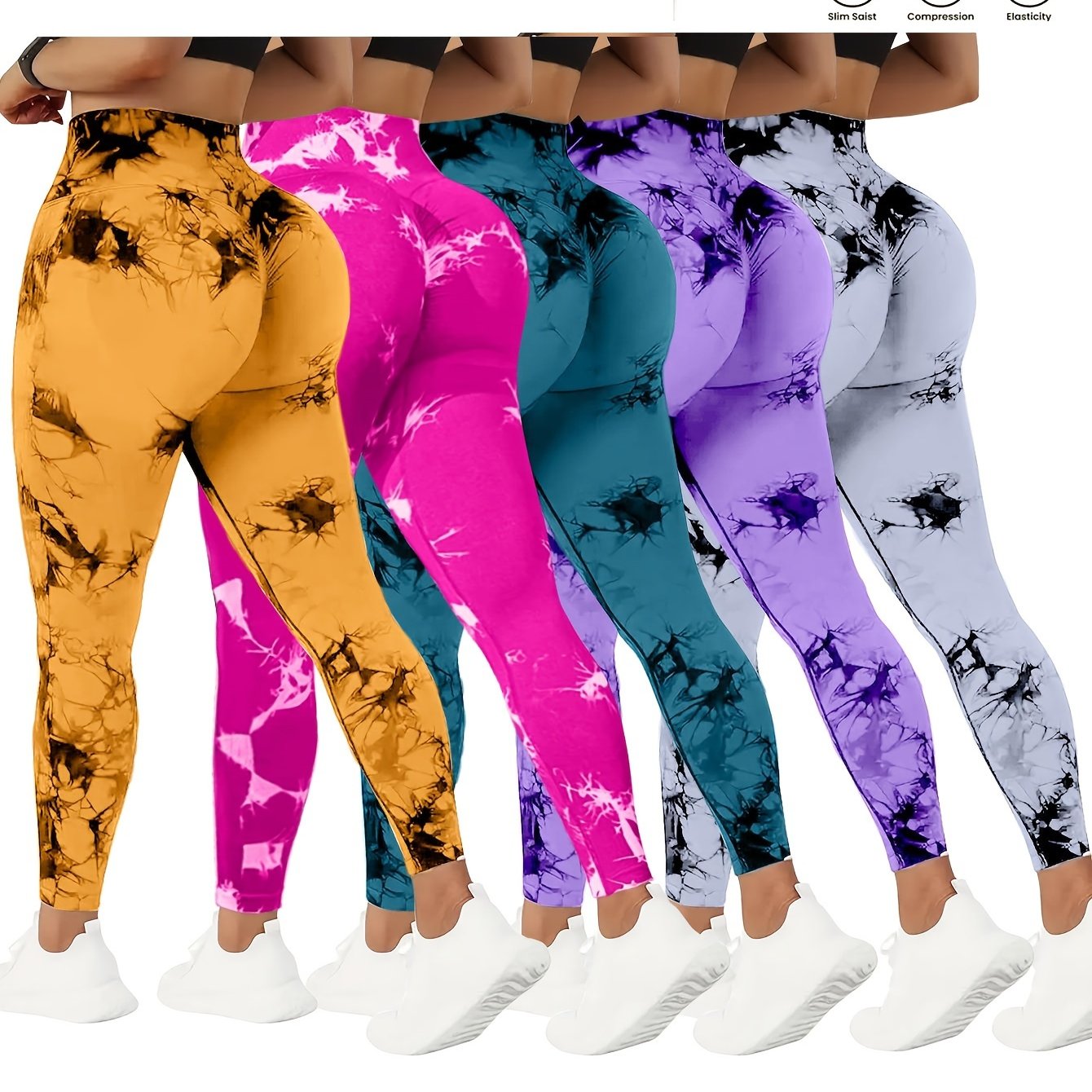 Women wearing different colors of high waisted yoga leggings sold by 100 Spartans
