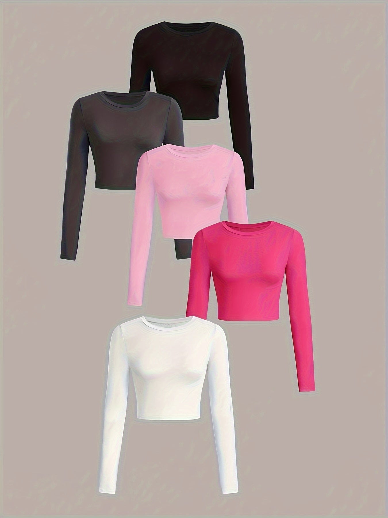 Set of five long-sleeve crop tops in black, gray, pink, and white on a beige background