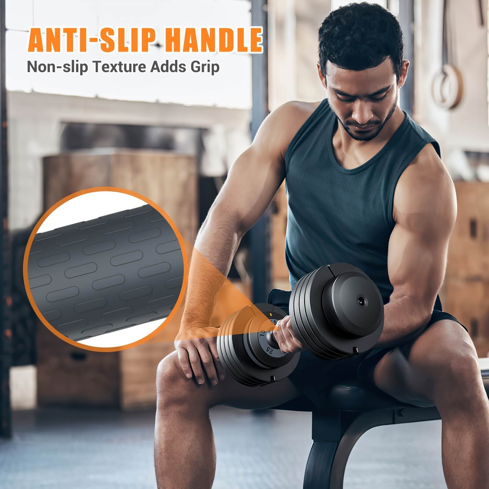 Man exercising with a heavy adjustable dumbbell set in a gym setting, highlighting anti-slip handle feature.