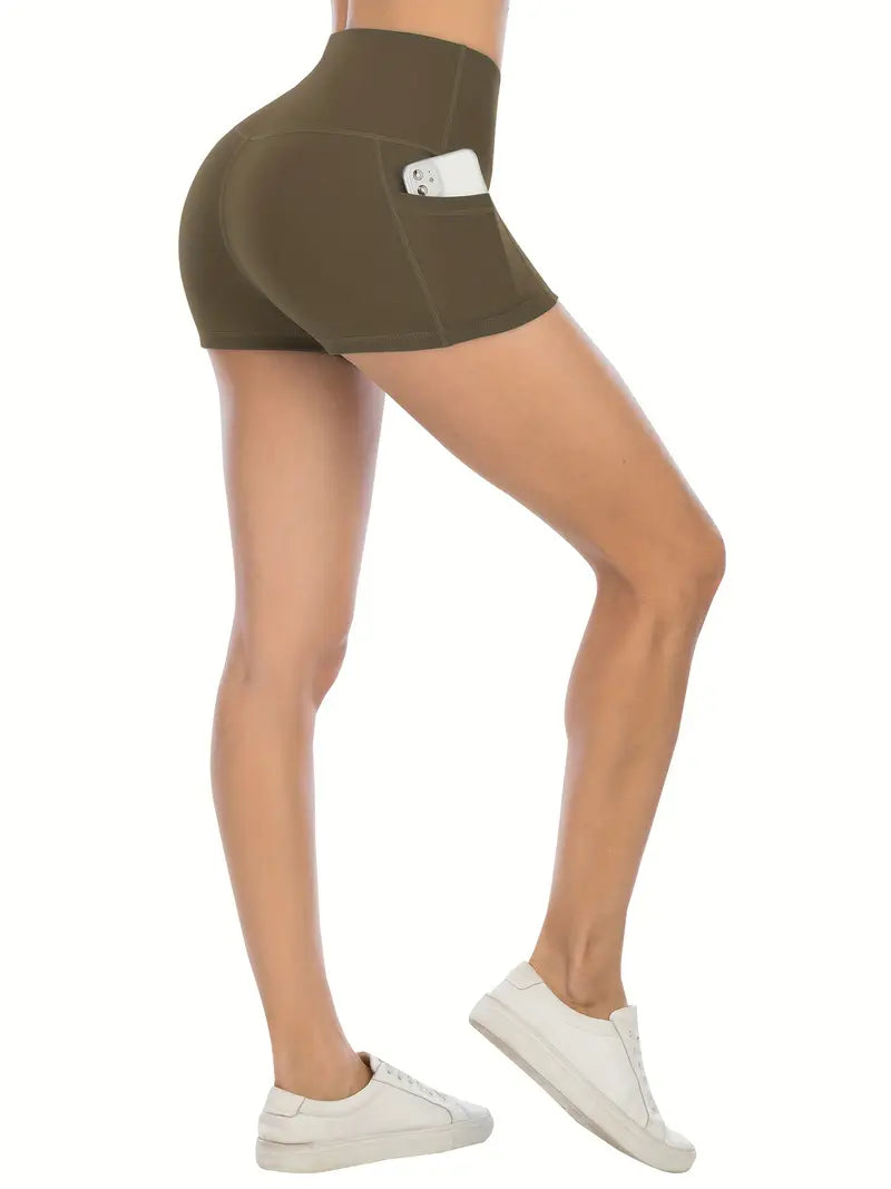 Person wearing olive green Biker Shorts With Pockets on a white background
