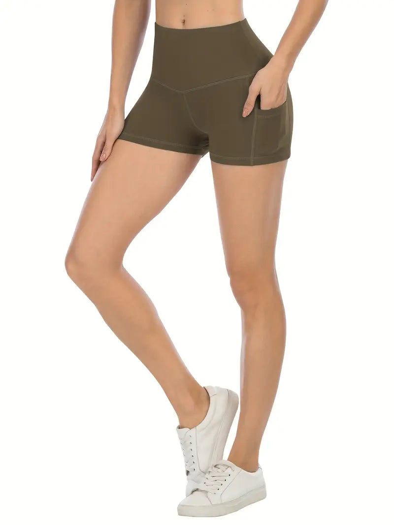 Person wearing olive green Biker Shorts With Pockets on a white background