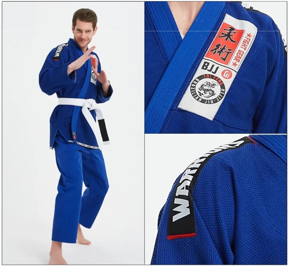 Person wearing a blue BJJ gi with visible brand logos on a white background
