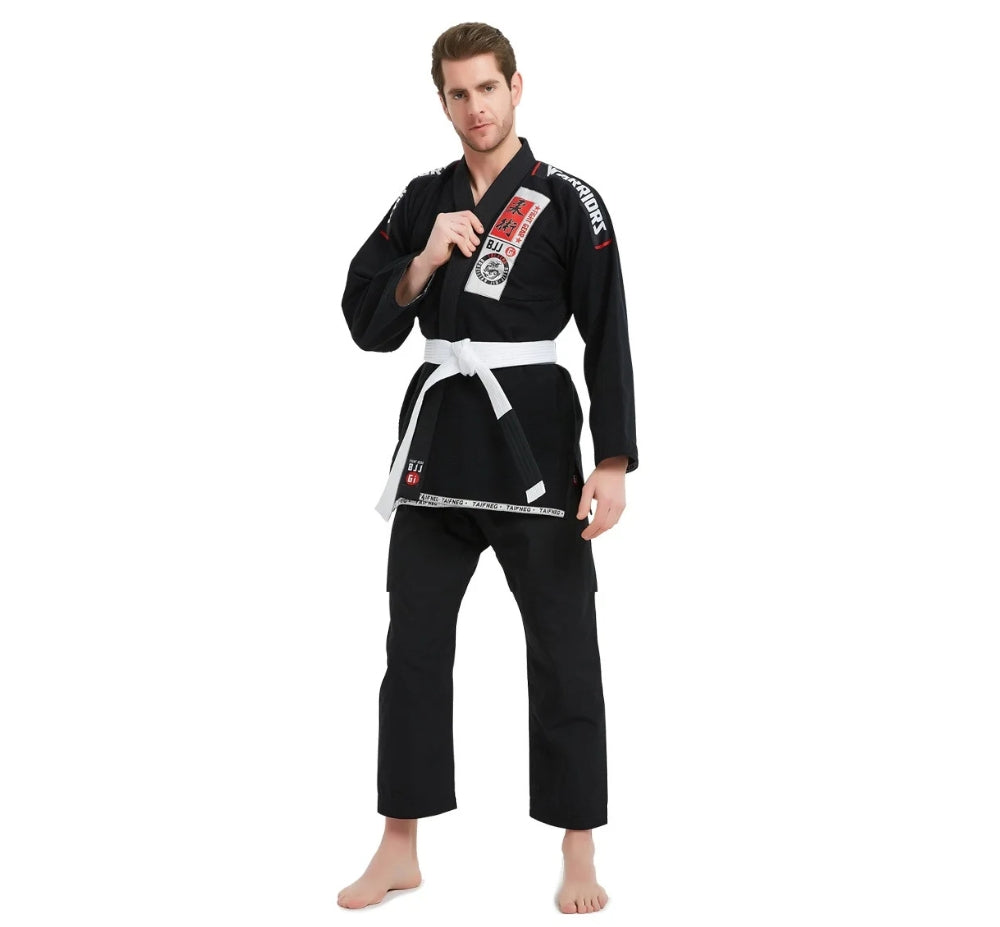 Person wearing a black martial arts uniform with a white belt on a white background