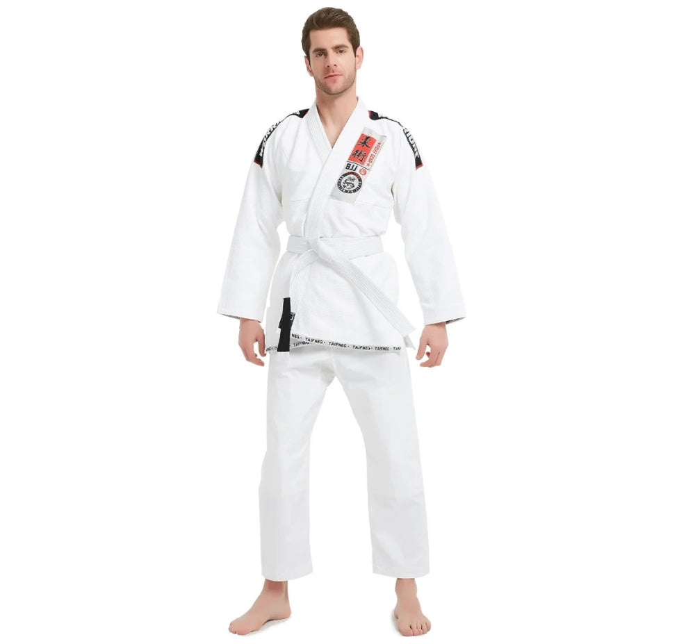 Man wearing a white martial arts uniform on a white background