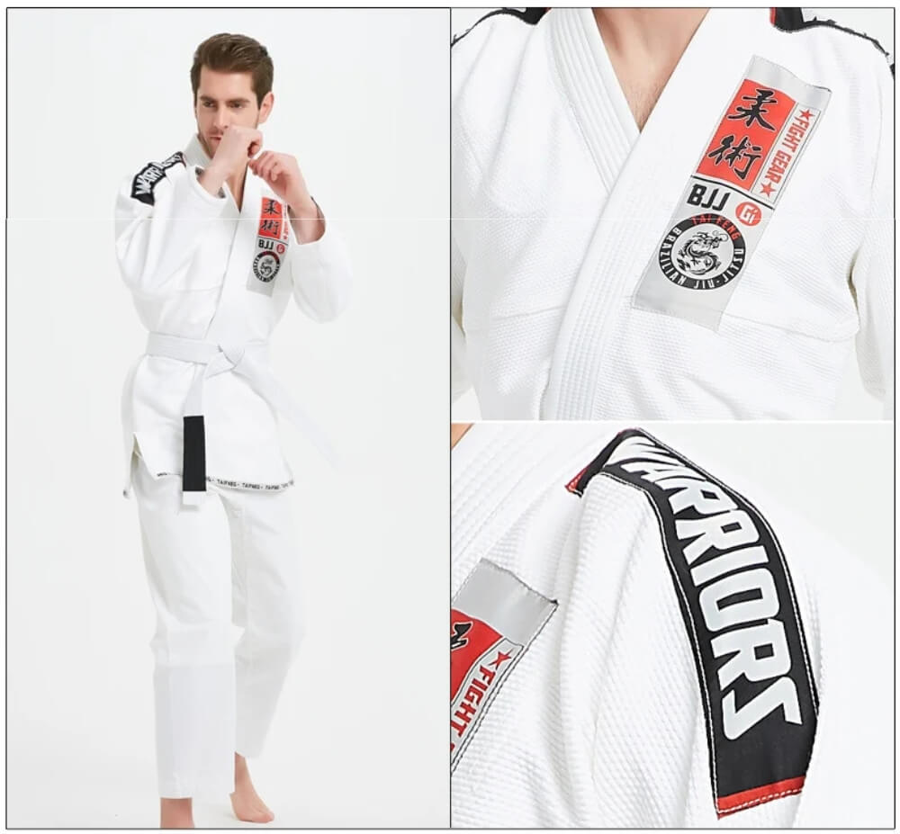 Collage of a person wearing a white martial arts uniform with brand logos.
