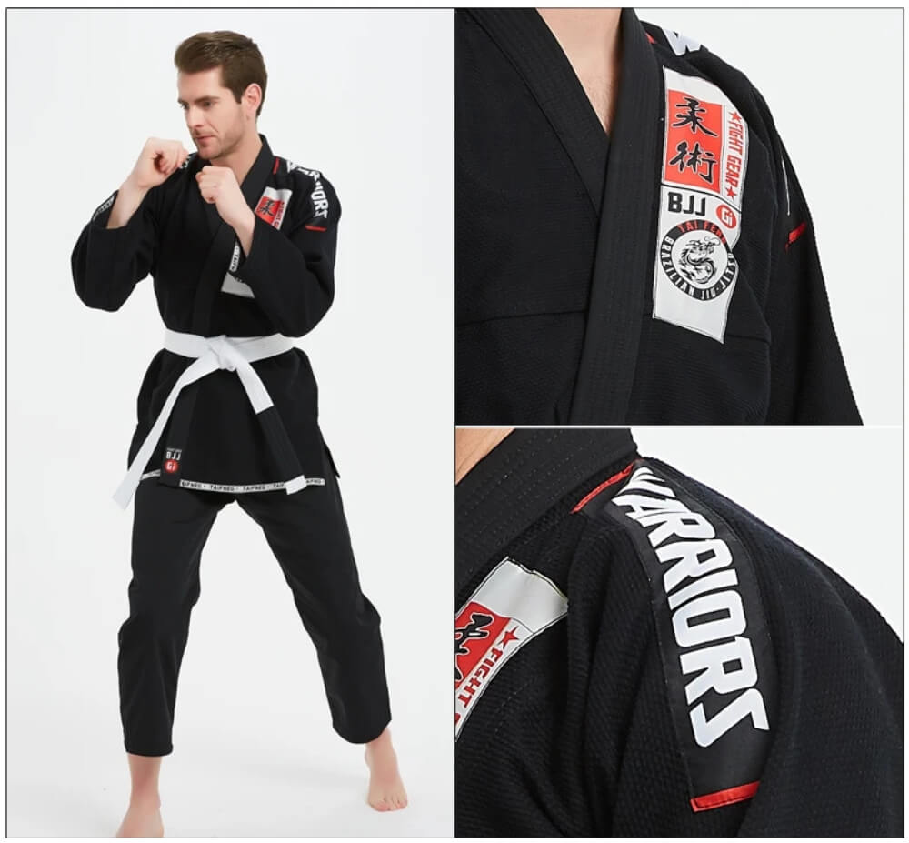 Person wearing a black BJJ gi with visible branding on a white background