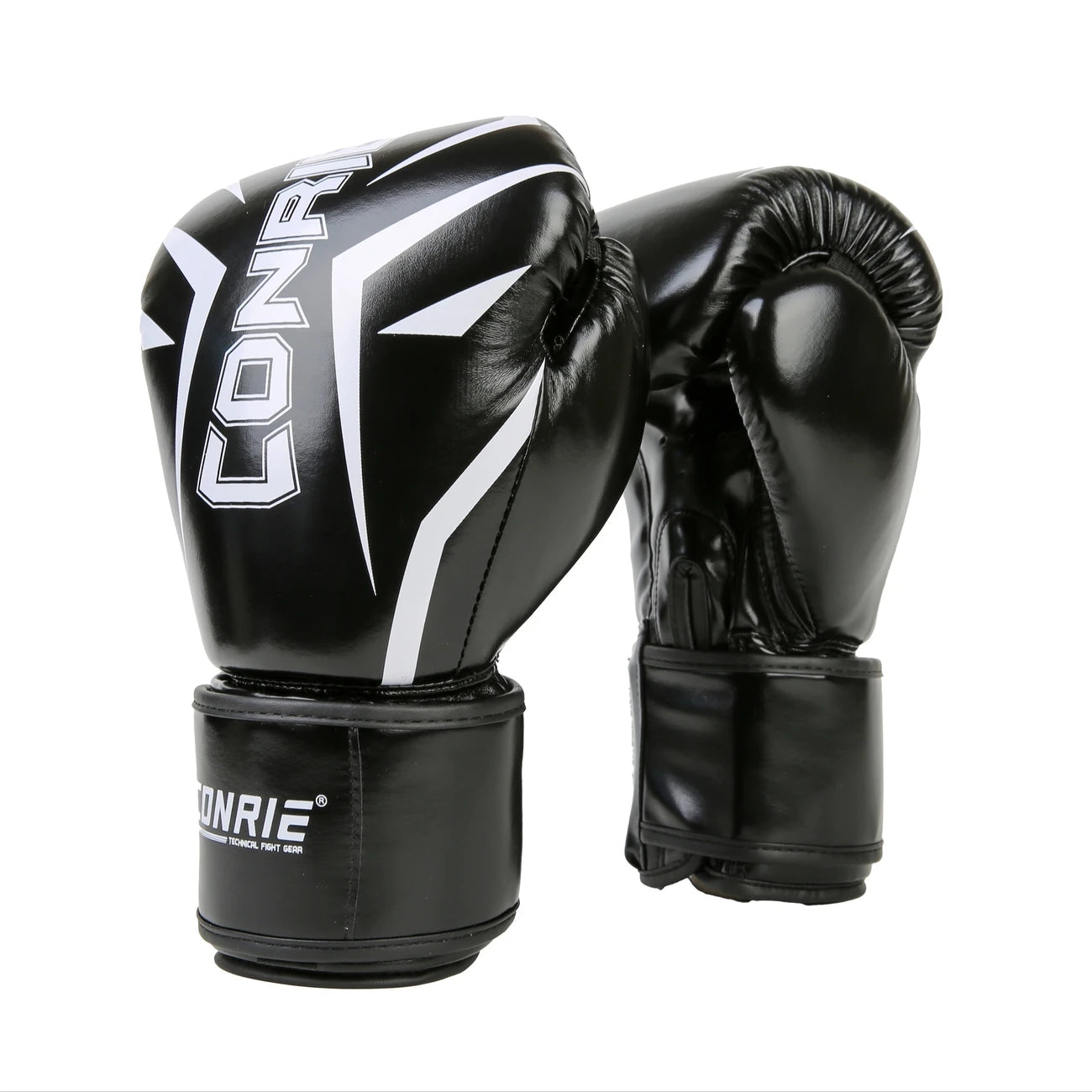 White and black pre curved boxing gloves sold by 100 Spartans