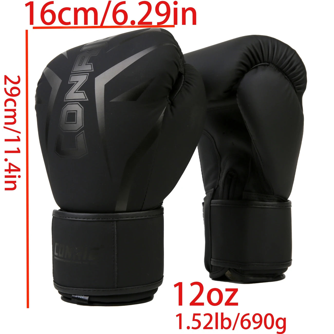 Dimensions of a black pre curved boxing gloves sold by 100 Spartans