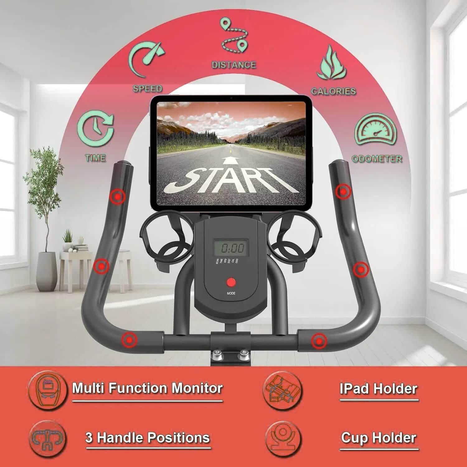 The monitor of a black and orange recommended exercise bike sold by 100 Spartans