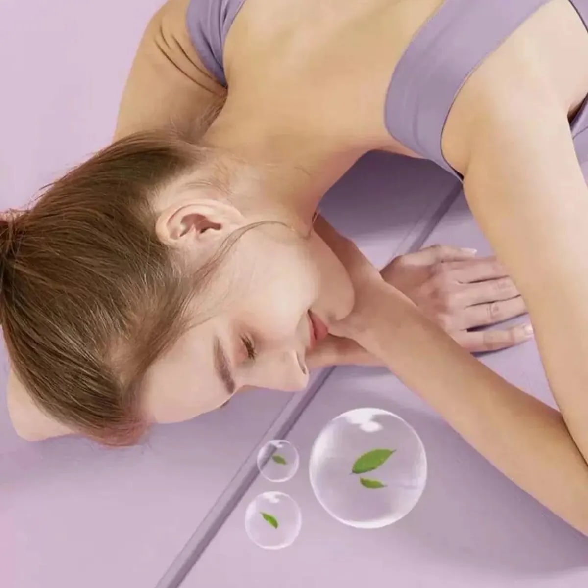 A woman sleeping on a purple foldable yoga mat sold by 100 Spartans