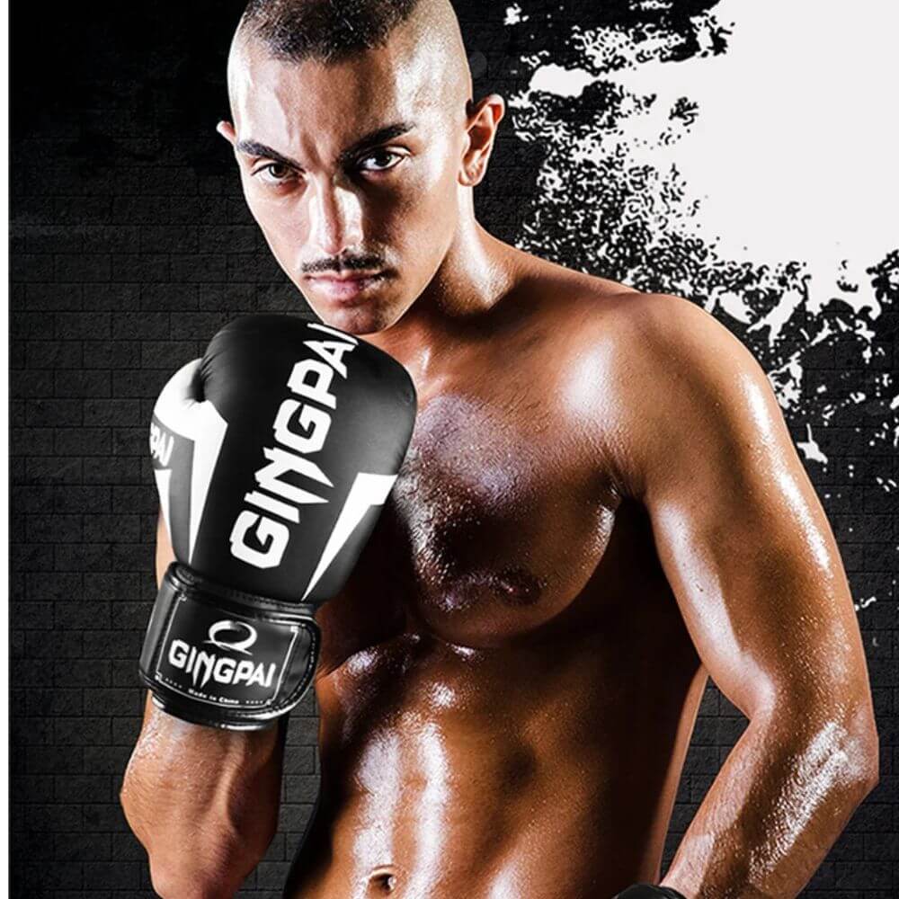 A boxer wearing a black and white PU boxing gloves sold by 100 Spartans