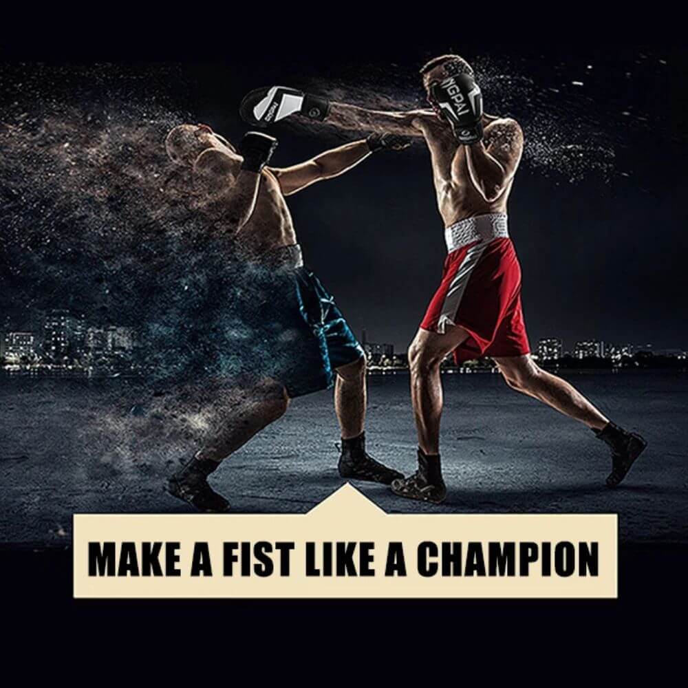 A man fighting with a black and white PU boxing gloves sold by 100 Spartans
