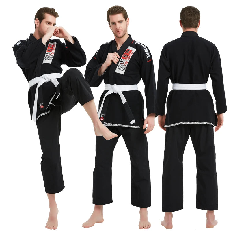 Black martial arts uniform with white belt worn by a person on a white background