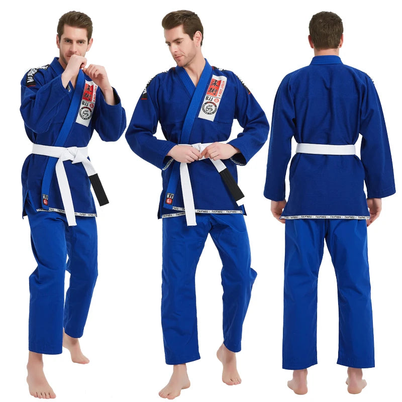 Person wearing a blue martial arts uniform with white belts on a white background