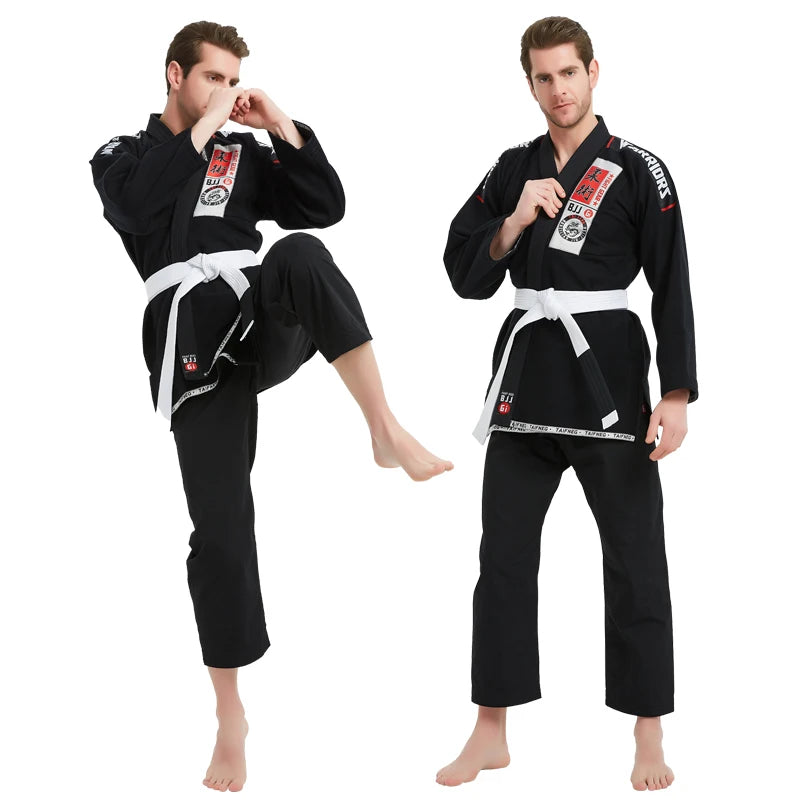 Two men wearing black martial arts uniforms with white belts on a white background