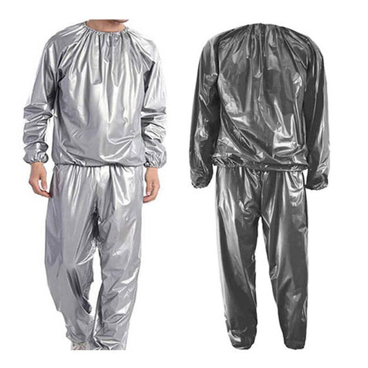 A silver and black sauna sweat suit sold by 100 Spartans