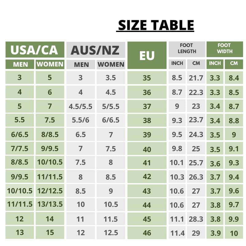 size chart for shoes with measurements in USA/CA, AUS/NZ, and EU.
