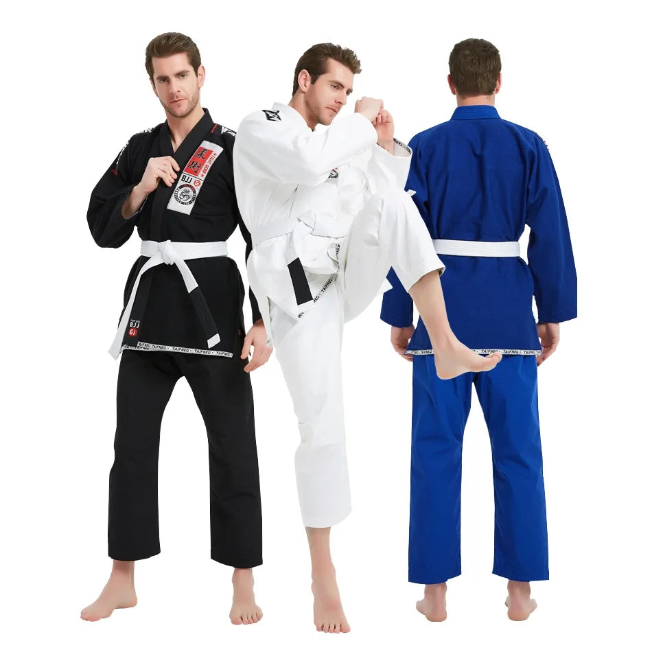 Three individuals wearing black, white, and blue martial arts uniforms on a white background
