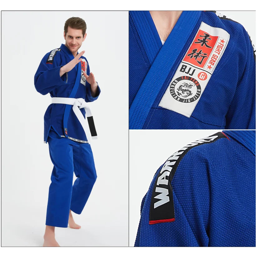 Blue martial arts uniform with brand logo on a white background