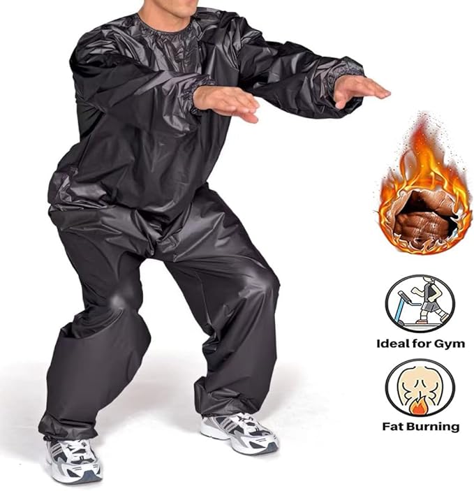 Person wearing a black sauna suit with icons indicating it's ideal for gym and fat burning on a white background.