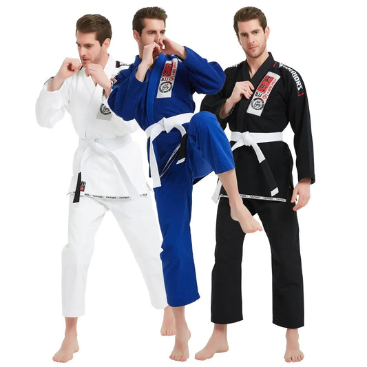 Three individuals wearing different colored martial arts uniforms on a white background