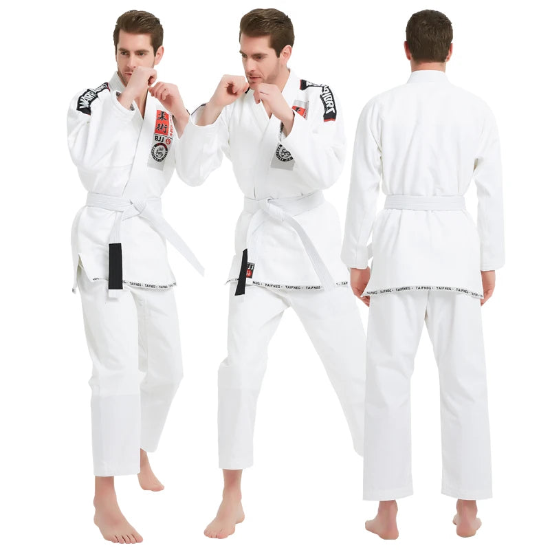 Person wearing a white martial arts uniform with a white belt, shown from front, side, and back views.