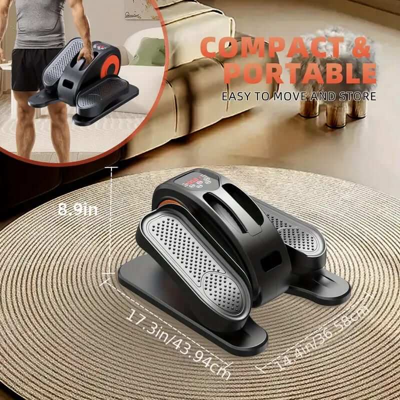 Compact and portable step machine with measurements on a textured surface, shown with a person in the corner.
