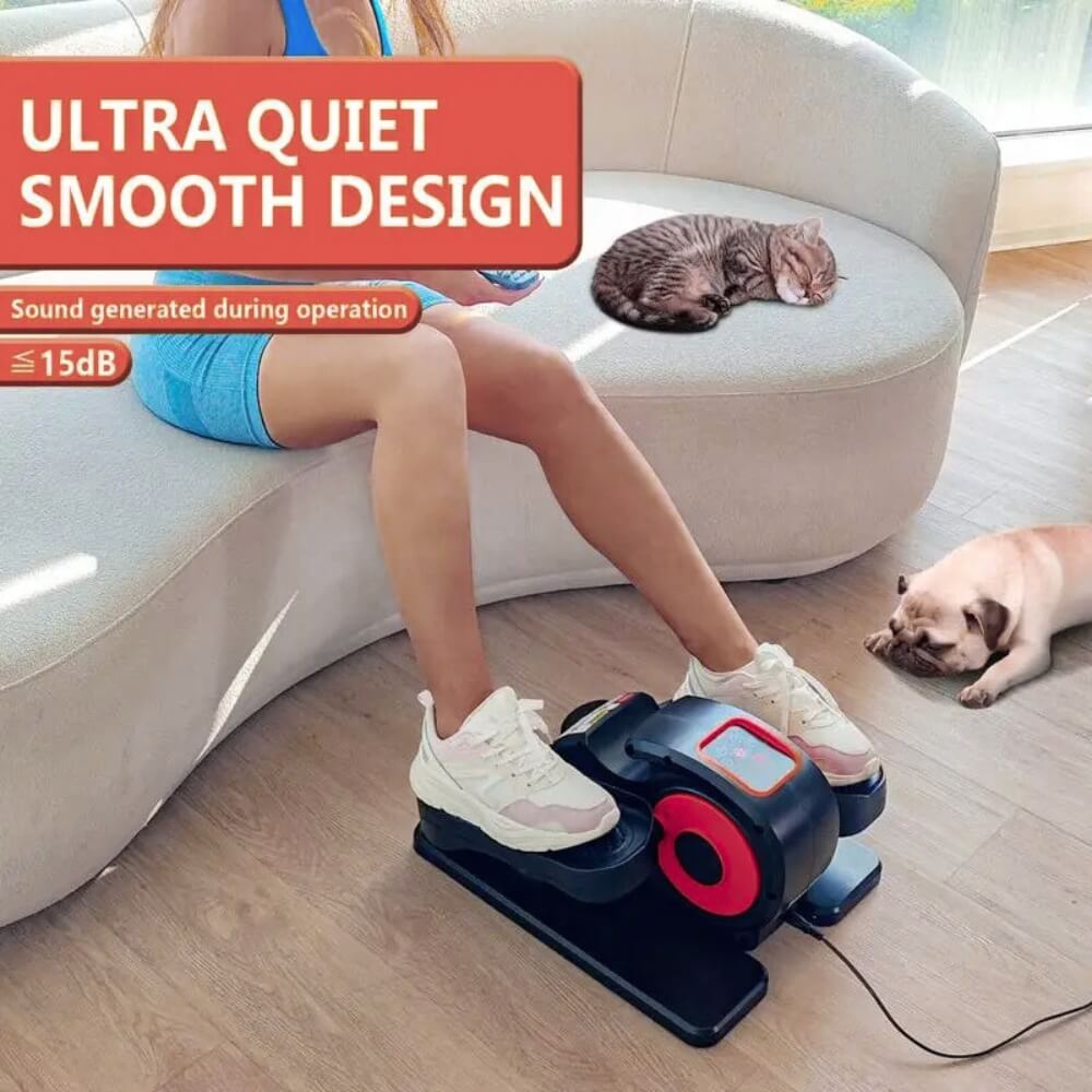 A woman working out on an under the desk elliptical machine sold by 100 Spartans
