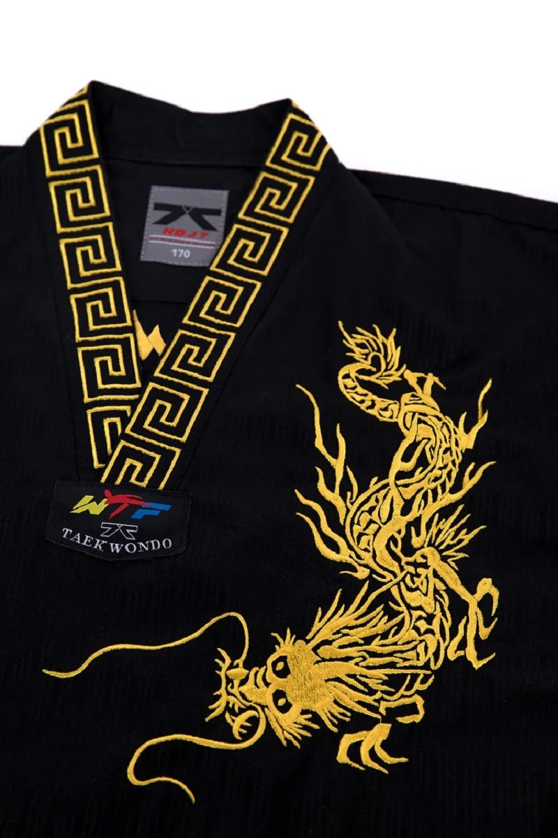 Black martial arts uniform with gold dragon design and brand logos on a white background