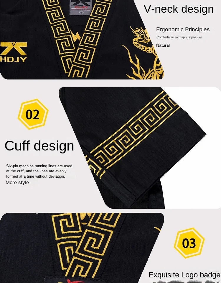 Black taekwondo uniform with gold designs and text on a white background