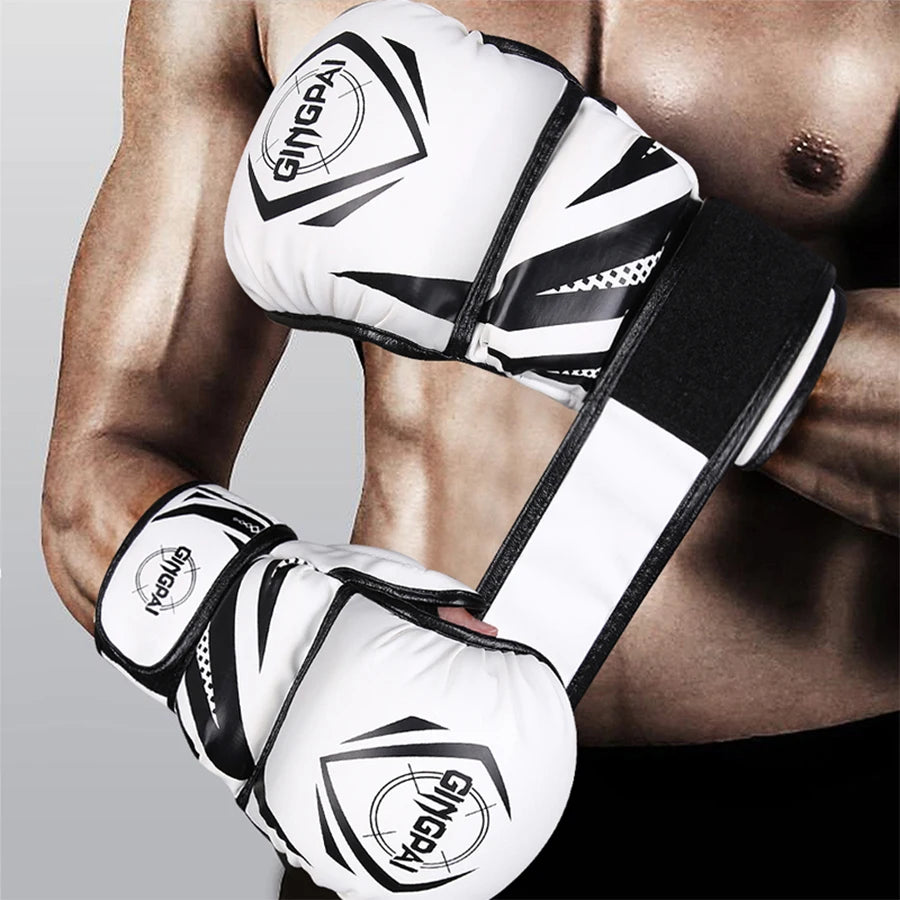 A man wearing a white and black mma sparring gloves sold by 100 Spartans