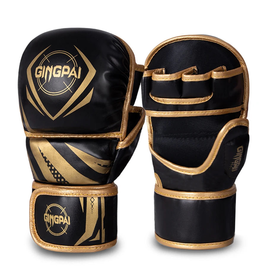 A black and gold mma sparring gloves sold by 100 Spartans