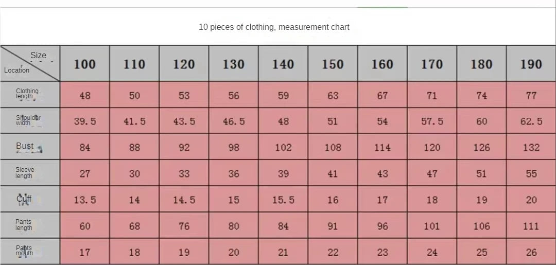 Measurement chart for clothing sizes 100 to 190, showing measurements for bust, waist, and hip.