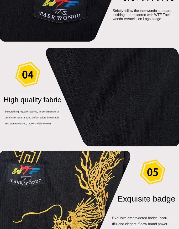 Black taekwondo uniform with WTF Taekwondo logo and high-quality fabric text.