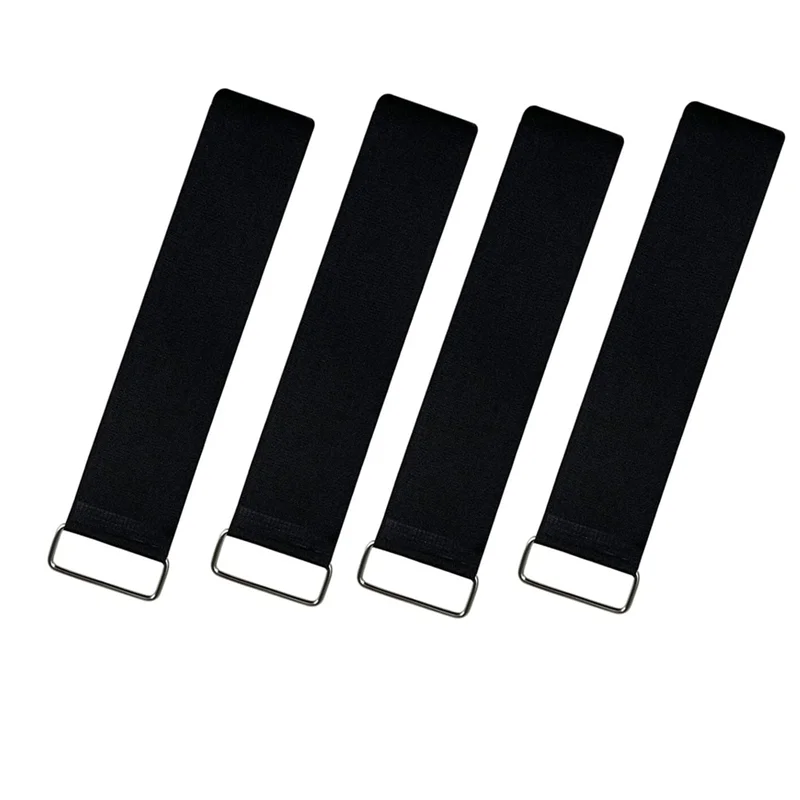 Four black bike pedal straps on a white background