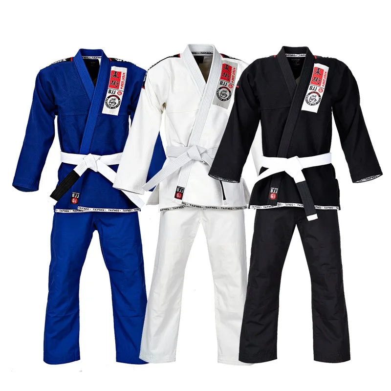 Three Brazilian Jiu-Jitsu uniforms in blue, white, and black on a white background.