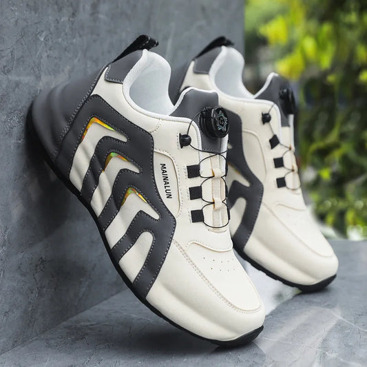 White and black sneakers with a brand logo on a gray surface.