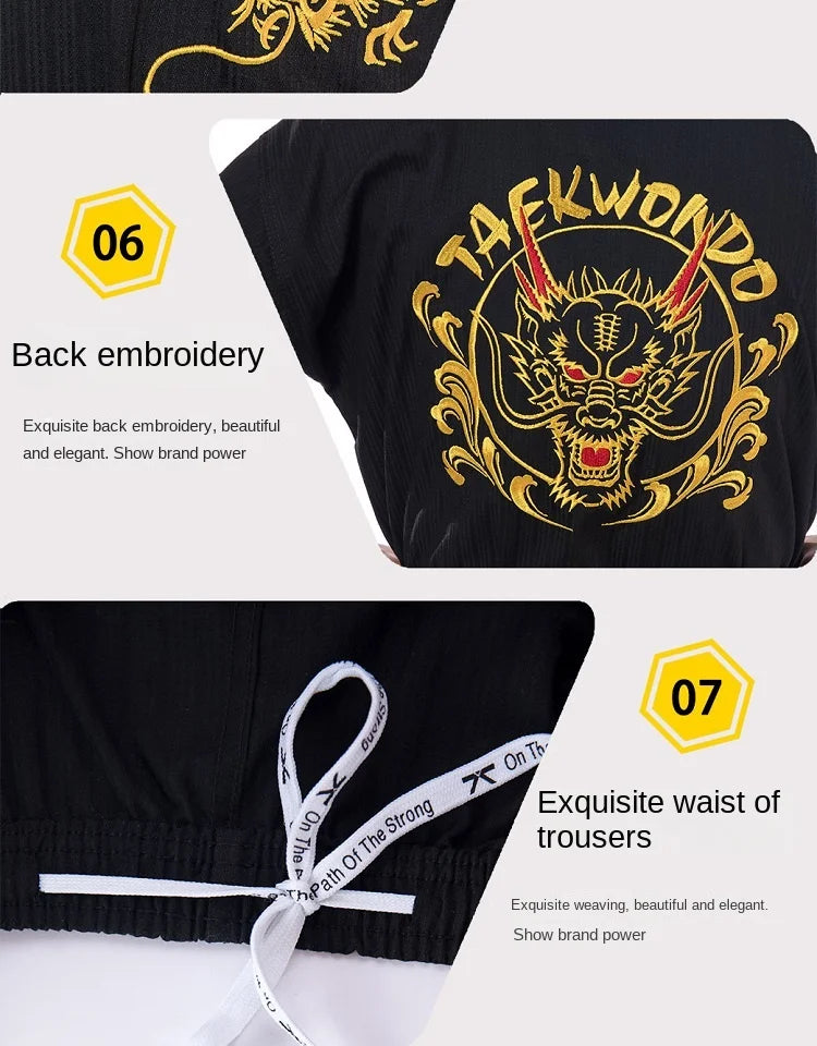 Black taekwondo pants with gold embroidery and waist details on a white background