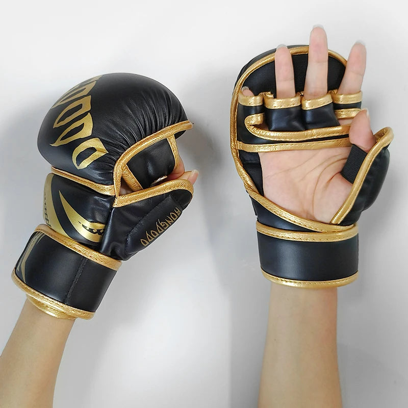 Black and gold muay thai gloves sold by 100 Spartans