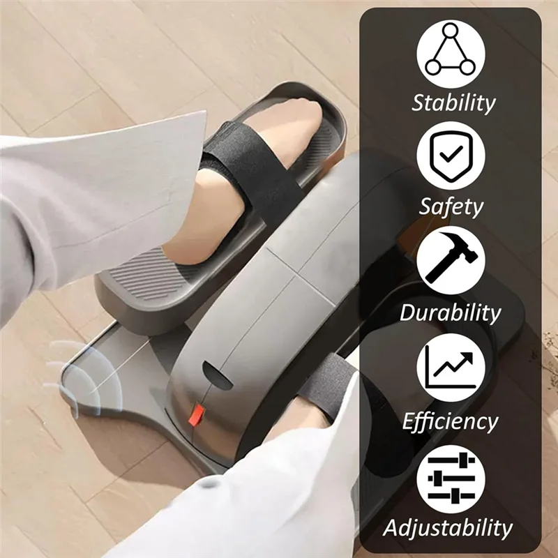 Person using a foot exercise machine with a safety pedal strap and icons indicating stability, safety, durability, efficiency, and adjustability.