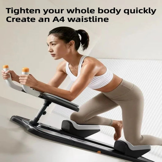Woman using a Crawl & Spine Twist and Stretch Trainer quick body tightening and waistline reduction.