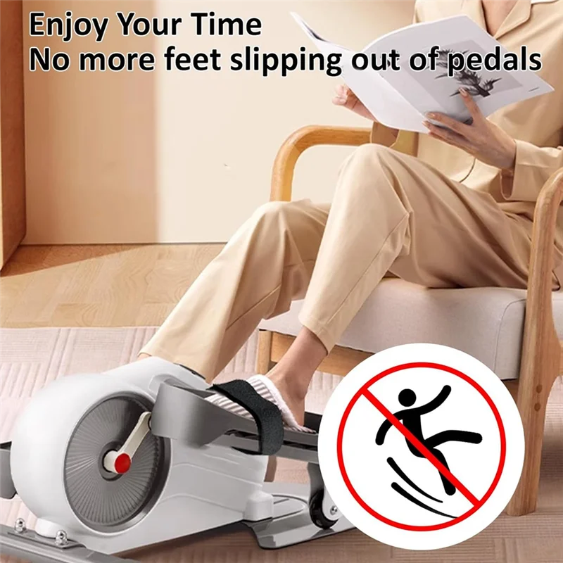 Person using a pedal exerciser with a pedal strap as a safety feature.