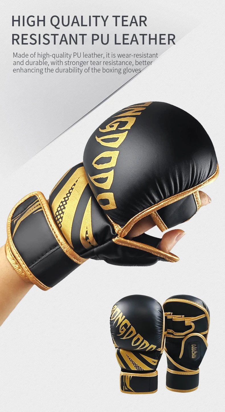 Black and gold muay thai gloves sold by 100 Spartans
