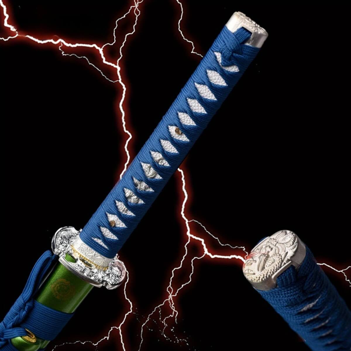Ronin Samurai Sword with blue sheath against a black background with lightning effects