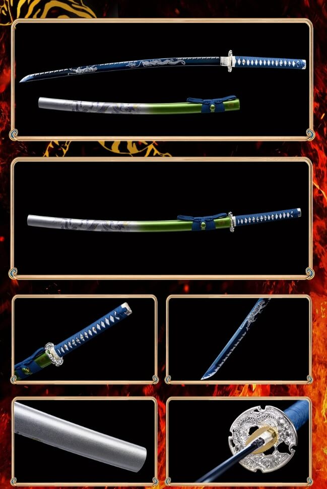 Collection of various Ronin Samurai Sword displayed against a dark background with decorative elements.