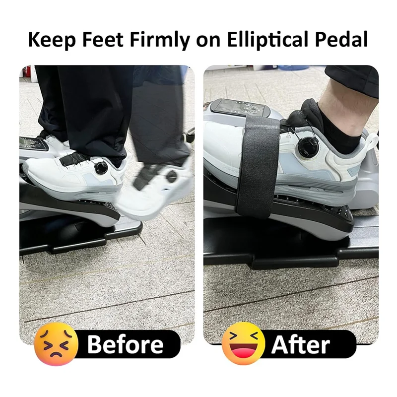 Before and after comparison of feet on an elliptical pedal with a 4 Pcs Bike Pedal Straps, correct and incorrect foot positioning.
